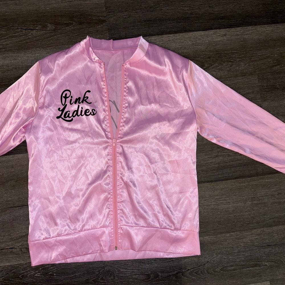 Grease Pink Ladies Costume Jacket Satin Pink Womens Size Medium Zip Up Bomber - Picture 2 of 7